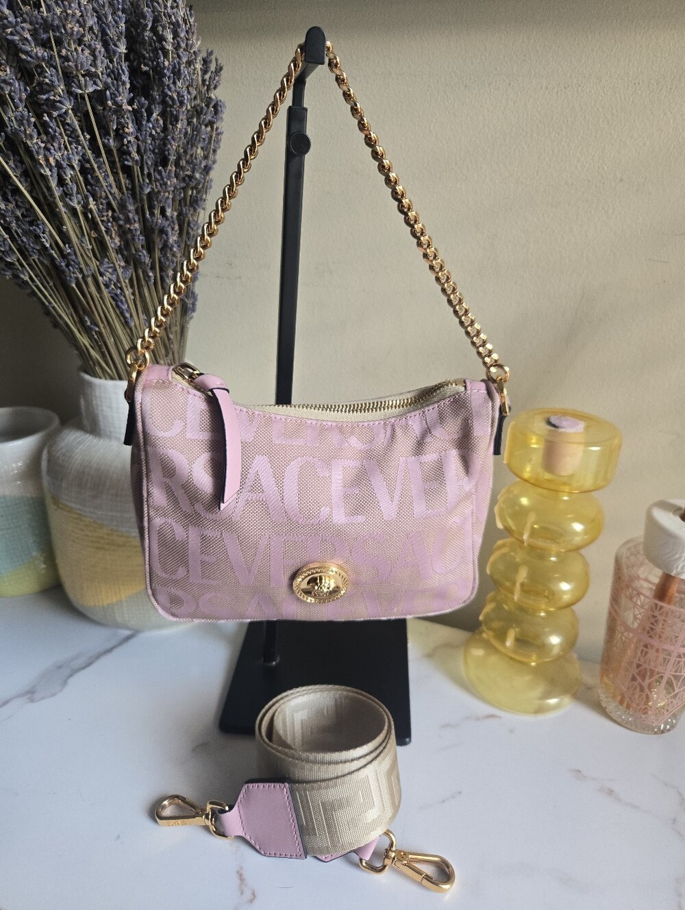 EUC Versace Pink Logo Print Jaquard Mini Baguette Bag With Strap